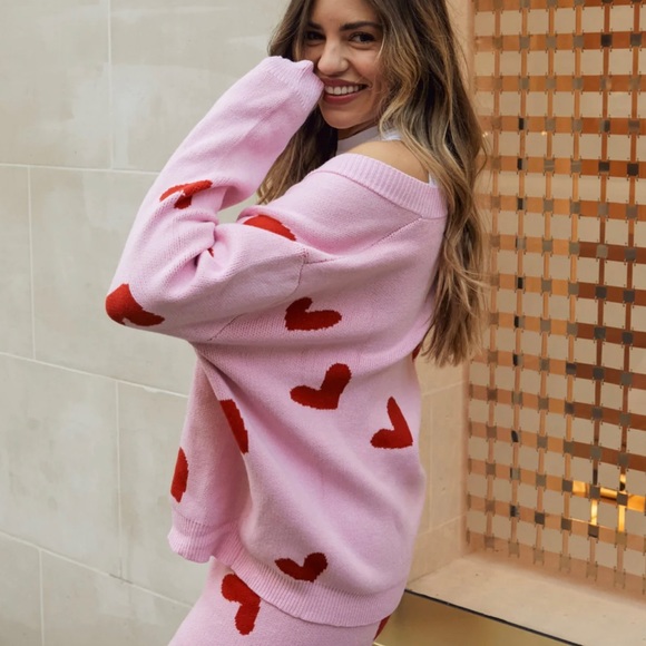 NWT KNITTED 3 -PIECE SET PINK w/RED HEART MAXI CARDIGAN, CARDIGAN  & PANT M - Picture 11 of 11